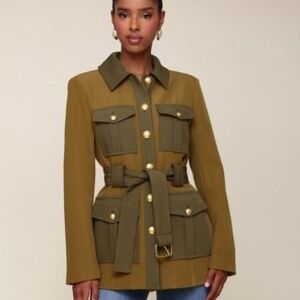 AVEC LES FILLES Olive Green Belted Military-Style Women's Jacket Large